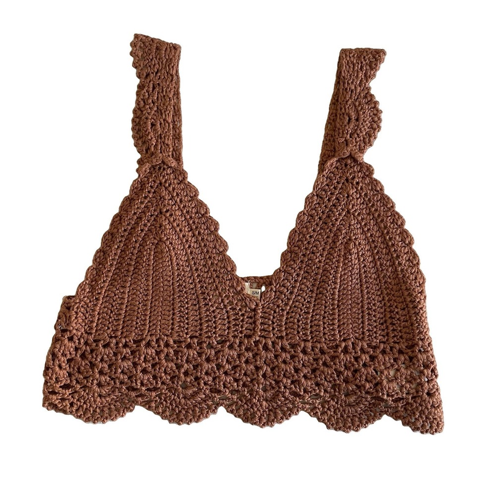 Dreamers by Debut Crochet Knit Crop Tank S/M Boho Festival Scalloped Brown Top